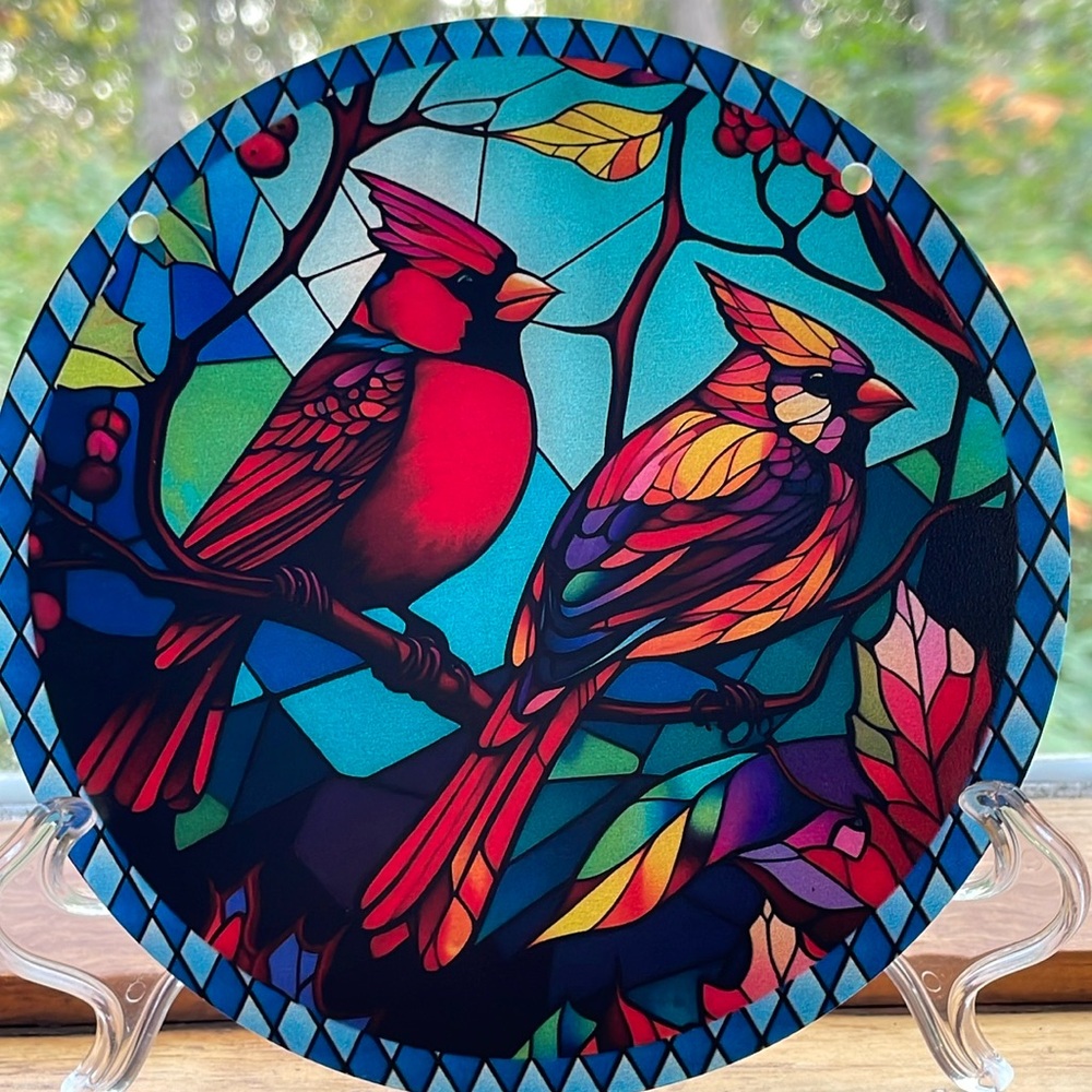 Suncatcher Acrylic Cardinal Bird Home Seasonal Decor Faux Stained Glass 6”